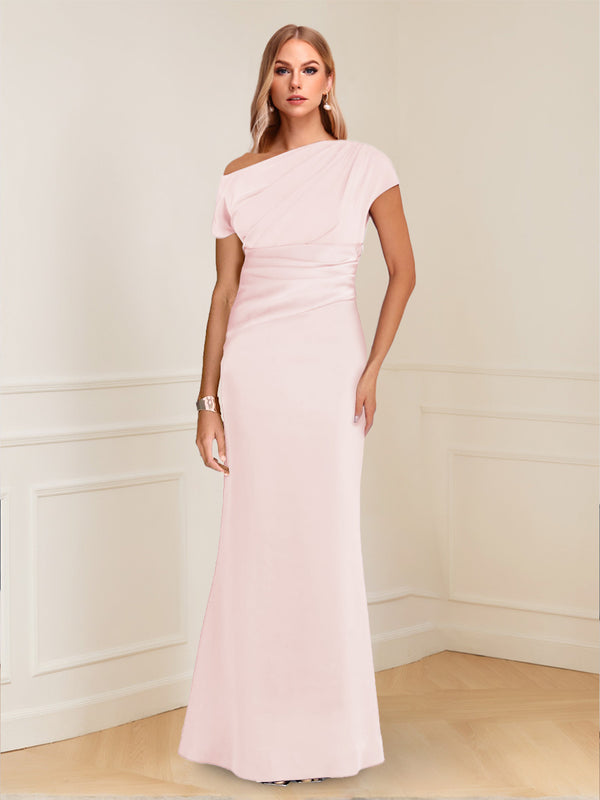 Sheath/Column Asymmetrical One-Shoulder Short Sleeves Mother of the Bride Dresses with Ruched