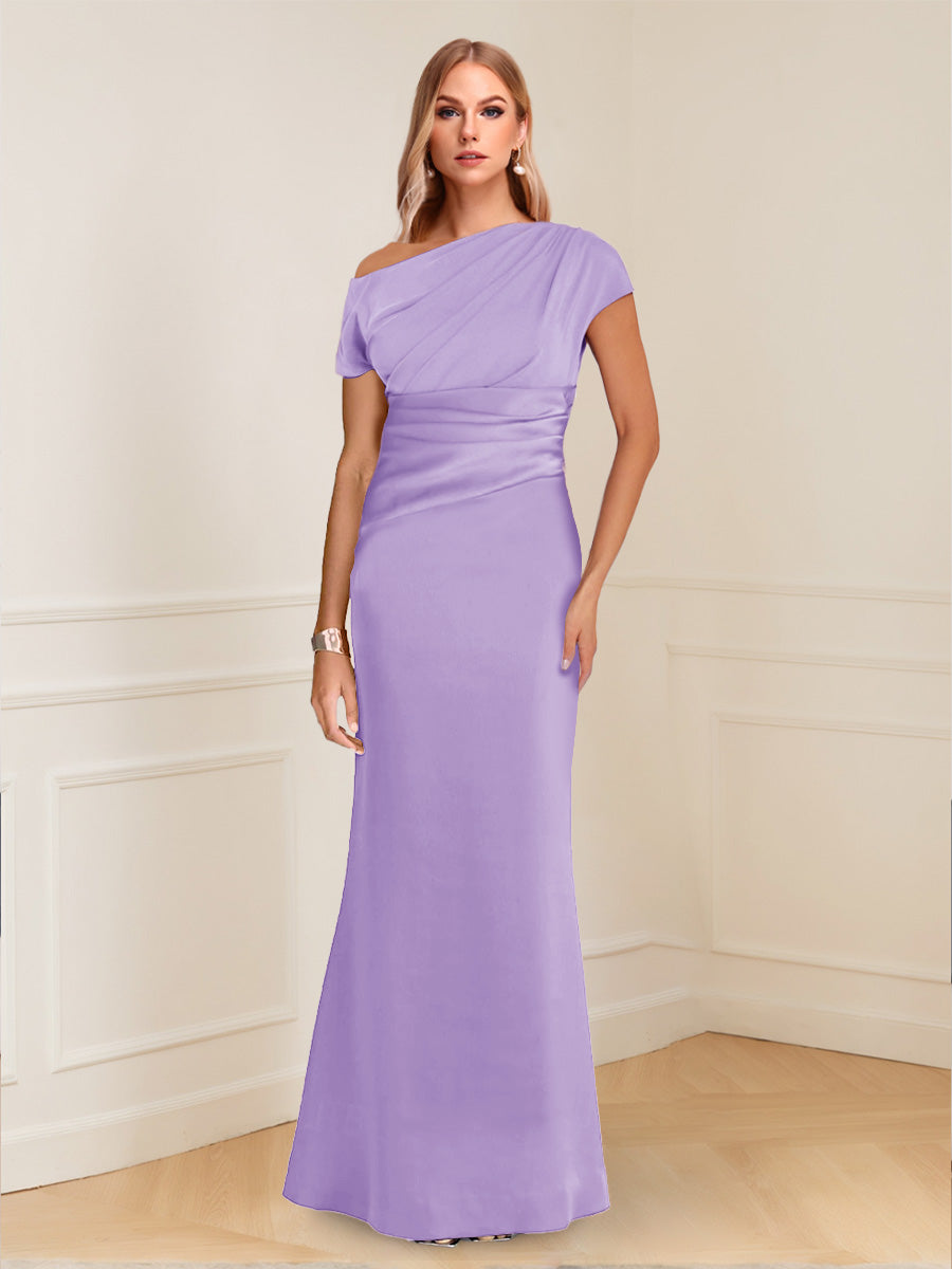 Sheath/Column Asymmetrical One-Shoulder Short Sleeves Mother of the Bride Dresses with Ruched