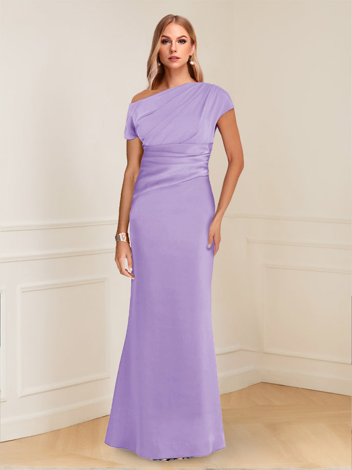 Sheath/Column Asymmetrical One-Shoulder Short Sleeves Mother of the Bride Dresses with Ruched