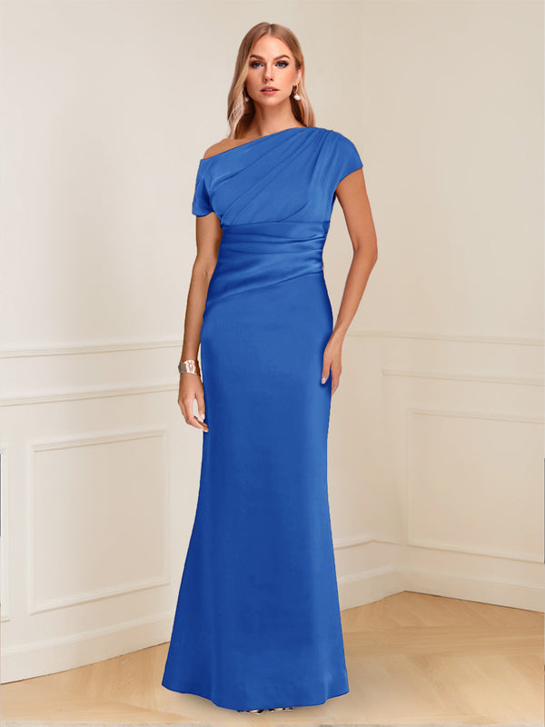 Sheath/Column Asymmetrical One-Shoulder Short Sleeves Mother of the Bride Dresses with Ruched