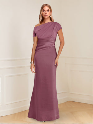 Sheath/Column Asymmetrical One-Shoulder Short Sleeves Mother of the Bride Dresses with Ruched