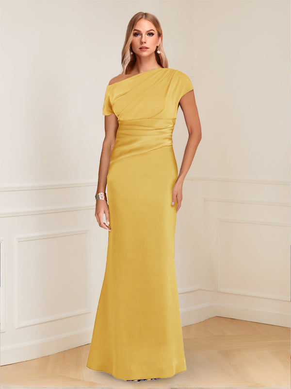 Sheath/Column Asymmetrical One-Shoulder Short Sleeves Mother of the Bride Dresses with Ruched
