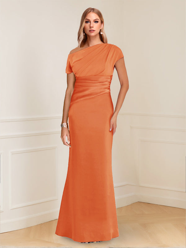 Sheath/Column Asymmetrical One-Shoulder Short Sleeves Mother of the Bride Dresses with Ruched
