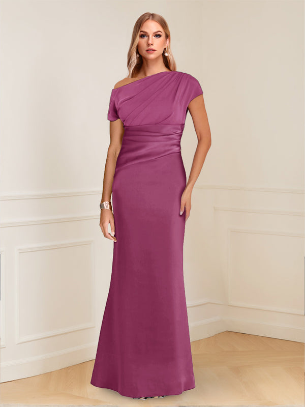 Sheath/Column Asymmetrical One-Shoulder Short Sleeves Mother of the Bride Dresses with Ruched