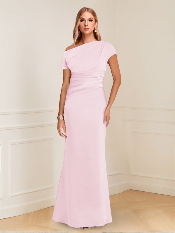 Sheath/Column Asymmetrical One-Shoulder Short Sleeves Mother of the Bride Dresses with Ruched