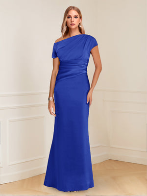 Sheath/Column Asymmetrical One-Shoulder Short Sleeves Mother of the Bride Dresses with Ruched