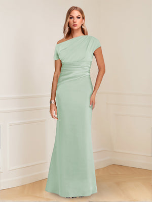 Sheath/Column Asymmetrical One-Shoulder Short Sleeves Mother of the Bride Dresses with Ruched