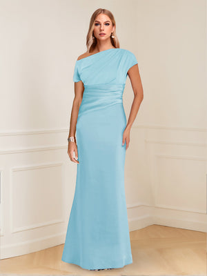 Sheath/Column Asymmetrical One-Shoulder Short Sleeves Mother of the Bride Dresses with Ruched