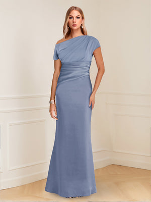 Sheath/Column Asymmetrical One-Shoulder Short Sleeves Mother of the Bride Dresses with Ruched