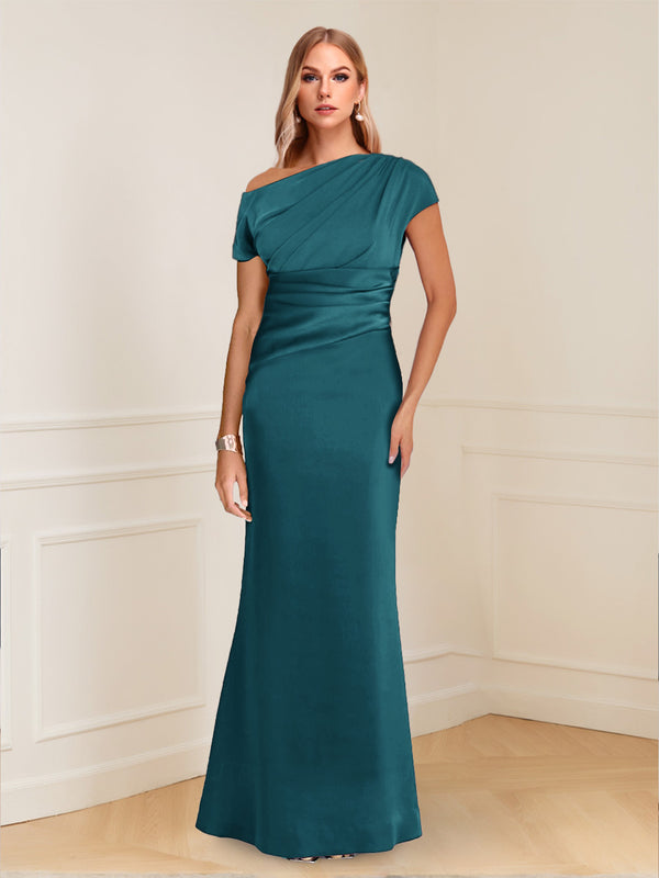 Sheath/Column Asymmetrical One-Shoulder Short Sleeves Mother of the Bride Dresses with Ruched