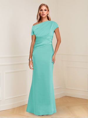 Sheath/Column Asymmetrical One-Shoulder Short Sleeves Mother of the Bride Dresses with Ruched