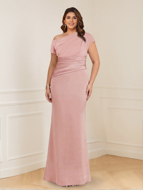 Sheath/Column Asymmetrical One-Shoulder Short Sleeves Plus Size Mother of the Bride Dresses with Ruched