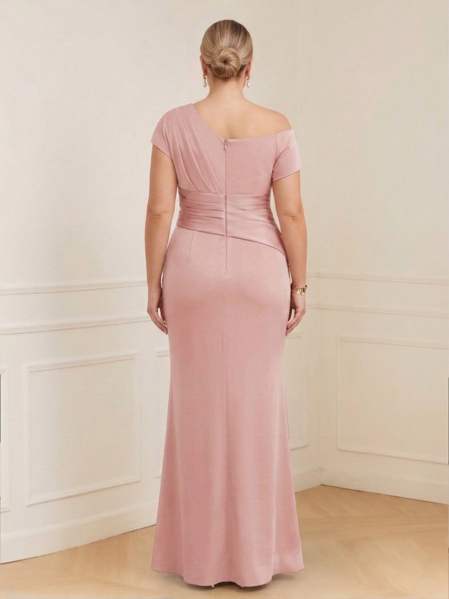 Sheath/Column Asymmetrical One-Shoulder Short Sleeves Plus Size Mother of the Bride Dresses with Ruched