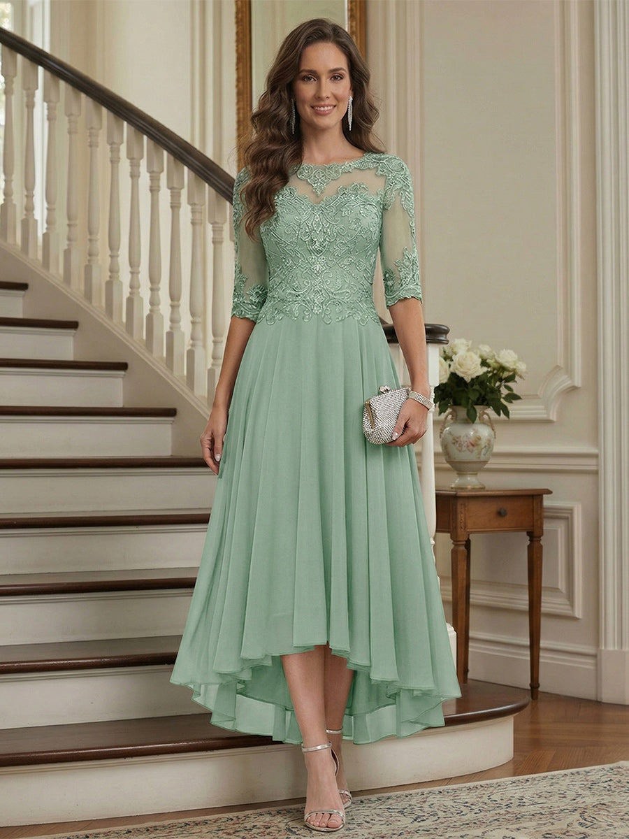 Lavetir 2026 Mother of the Bride Dresses with Appliqued Sheer Neck & Half Sleeves Long Evening Gowns for Women Hot Pink