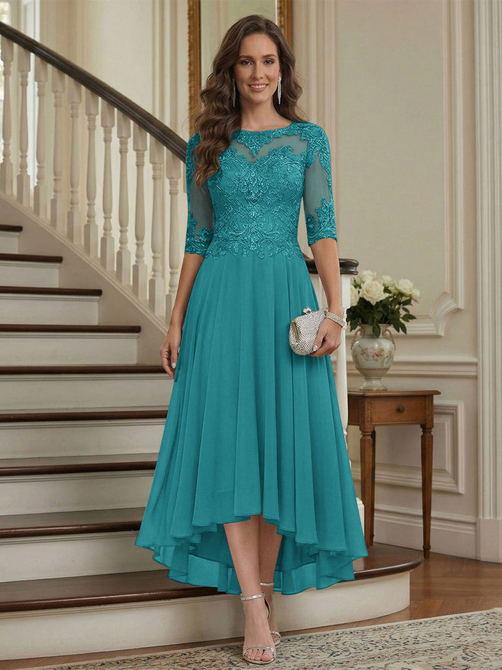 A-Line/Princess Half Sleeves Scoop Asymmetrical Mother of the Bride Dresses with Ruched &amp; Applique