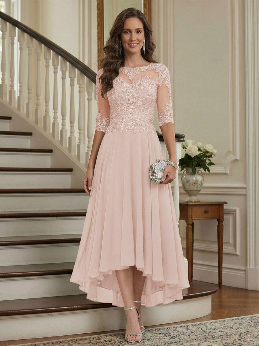 A-Line/Princess Half Sleeves Scoop Asymmetrical Mother of the Bride Dresses with Ruched &amp; Applique