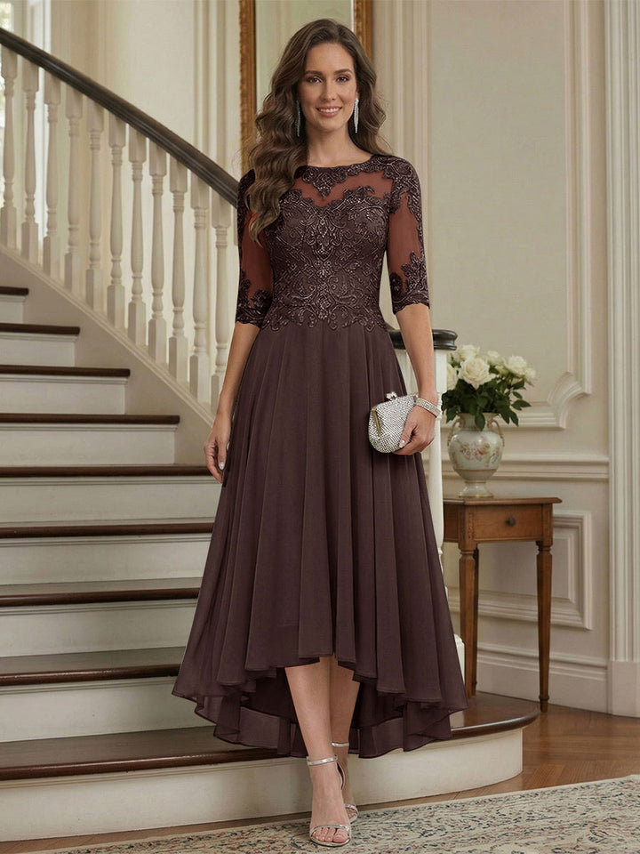 A-Line/Princess Half Sleeves Scoop Asymmetrical Mother of the Bride Dresses with Ruched &amp; Applique