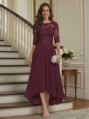 A-Line/Princess Half Sleeves Scoop Asymmetrical Mother of the Bride Dresses with Ruched & Applique
