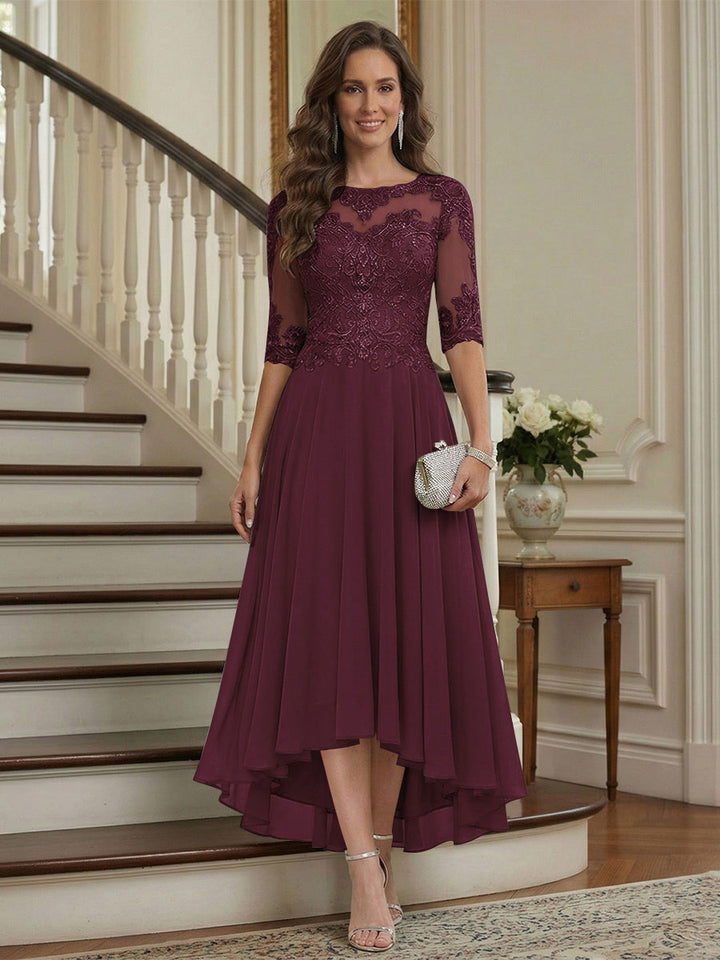 A-Line/Princess Half Sleeves Scoop Asymmetrical Mother of the Bride Dresses with Ruched &amp; Applique