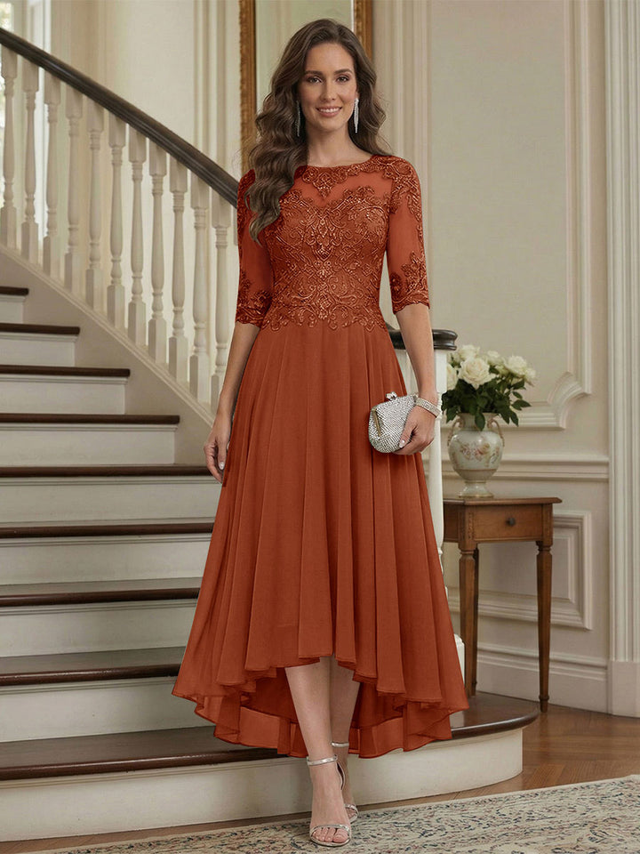 A-Line/Princess Half Sleeves Scoop Asymmetrical Mother of the Bride Dresses with Ruched &amp; Applique