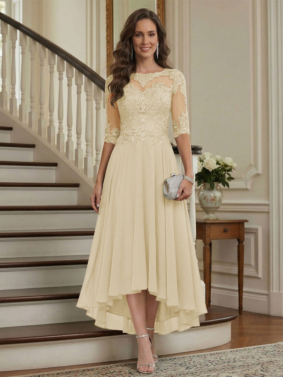 A-Line/Princess Half Sleeves Scoop Asymmetrical Mother of the Bride Dresses with Ruched & Applique