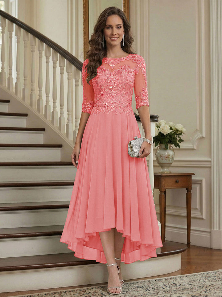 A-Line/Princess Half Sleeves Scoop Asymmetrical Mother of the Bride Dresses with Ruched &amp; Applique