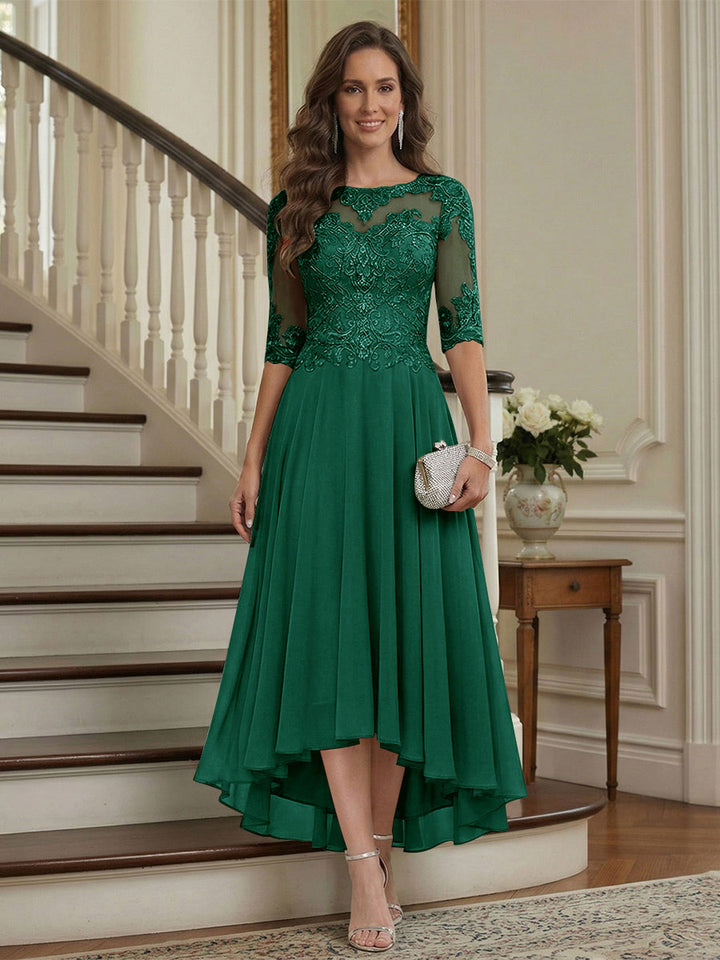 A-Line/Princess Half Sleeves Scoop Asymmetrical Mother of the Bride Dresses with Ruched &amp; Applique