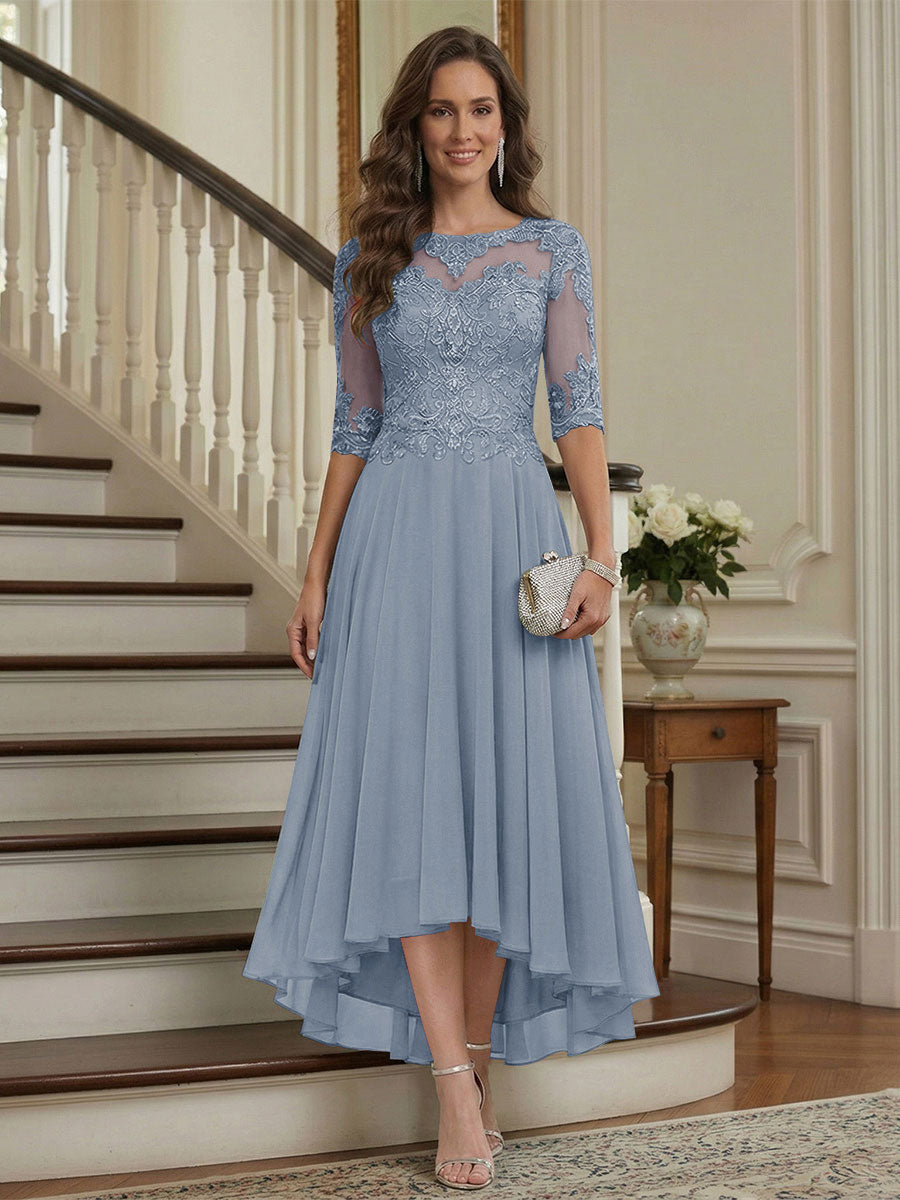A-Line/Princess Half Sleeves Scoop Asymmetrical Mother of the Bride Dresses with Ruched &amp; Applique