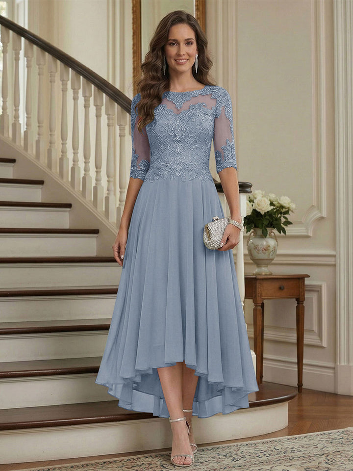 A-Line/Princess Half Sleeves Scoop Asymmetrical Mother of the Bride Dresses with Ruched &amp; Applique