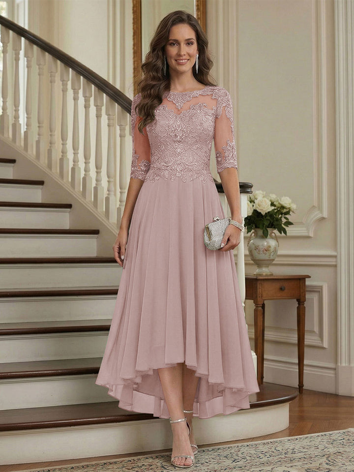 A-Line/Princess Half Sleeves Scoop Asymmetrical Mother of the Bride Dresses with Ruched &amp; Applique