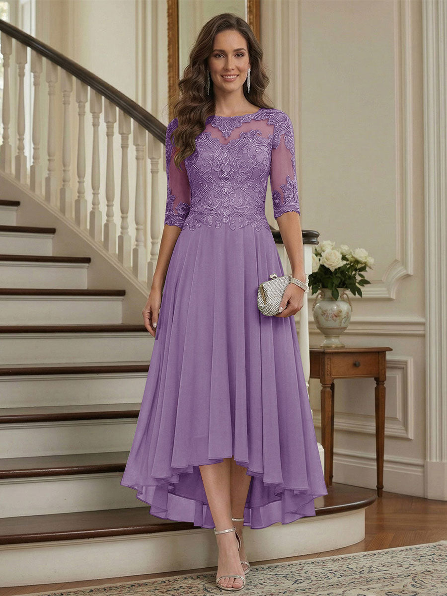 A-Line/Princess Half Sleeves Scoop Asymmetrical Mother of the Bride Dresses with Ruched &amp; Applique