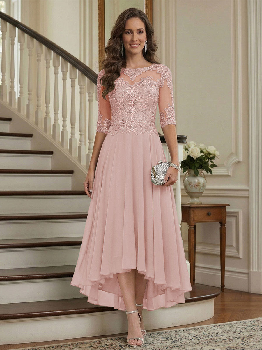 A-Line/Princess Half Sleeves Scoop Asymmetrical Mother of the Bride Dresses with Ruched &amp; Applique