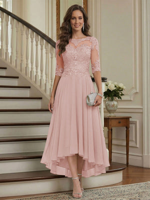 A-Line/Princess Half Sleeves Scoop Asymmetrical Mother of the Bride Dresses with Ruched & Applique
