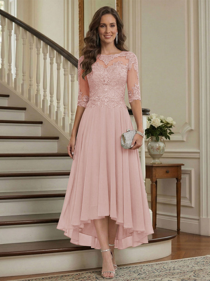 A-Line/Princess Half Sleeves Scoop Asymmetrical Mother of the Bride Dresses with Ruched &amp; Applique