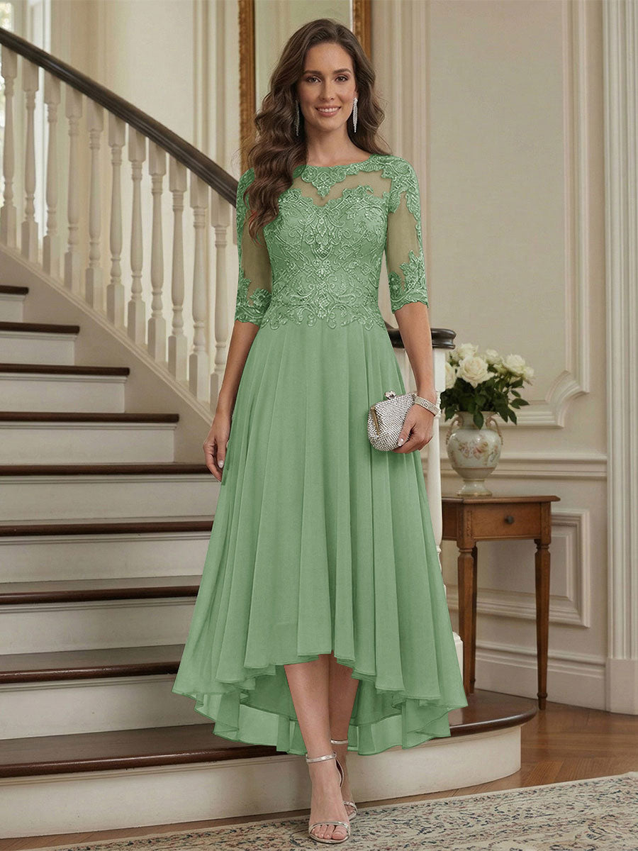 A-Line/Princess Half Sleeves Scoop Asymmetrical Mother of the Bride Dresses with Ruched &amp; Applique