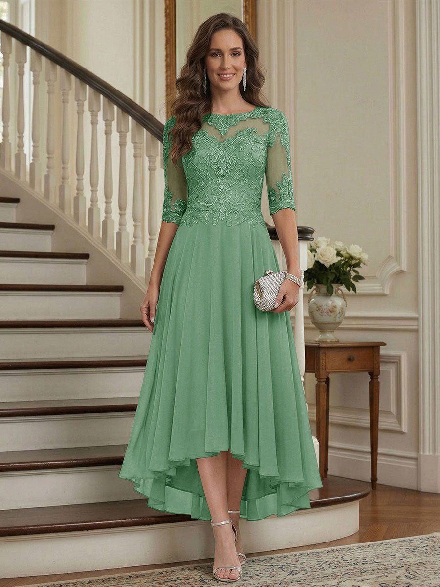 A-Line/Princess Half Sleeves Scoop Asymmetrical Mother of the Bride Dresses with Ruched &amp; Applique