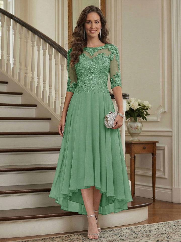 A-Line/Princess Half Sleeves Scoop Asymmetrical Mother of the Bride Dresses with Ruched &amp; Applique