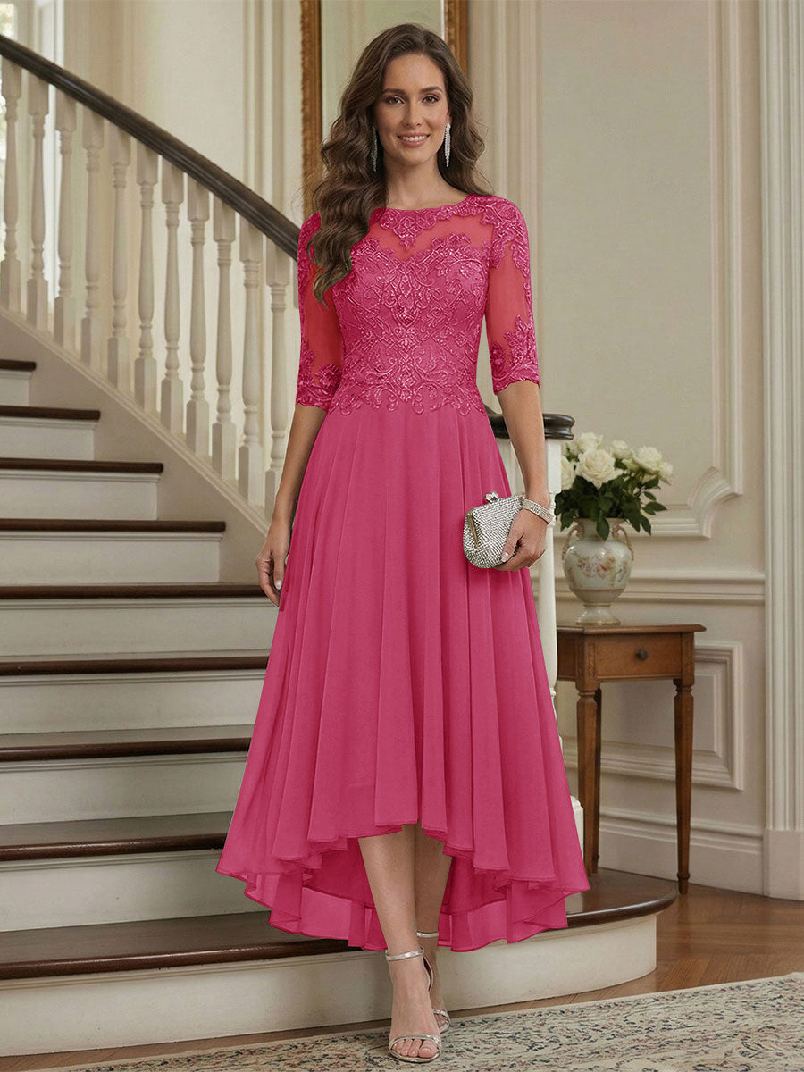 A-Line/Princess Half Sleeves Scoop Asymmetrical Mother of the Bride Dresses with Ruched &amp; Applique