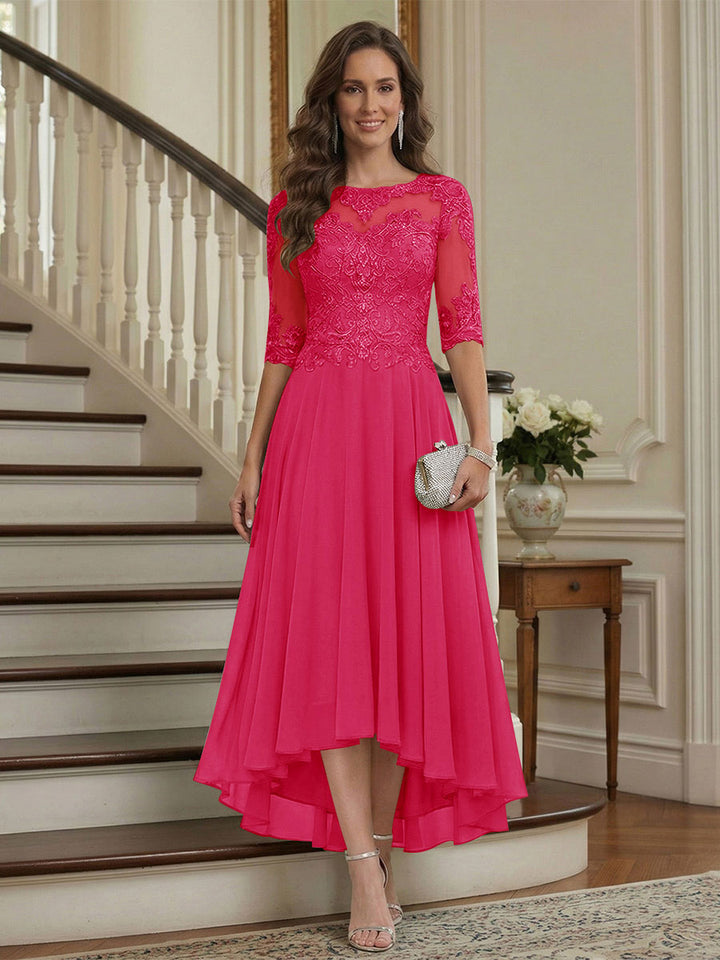 A-Line/Princess Half Sleeves Scoop Asymmetrical Mother of the Bride Dresses with Ruched &amp; Applique