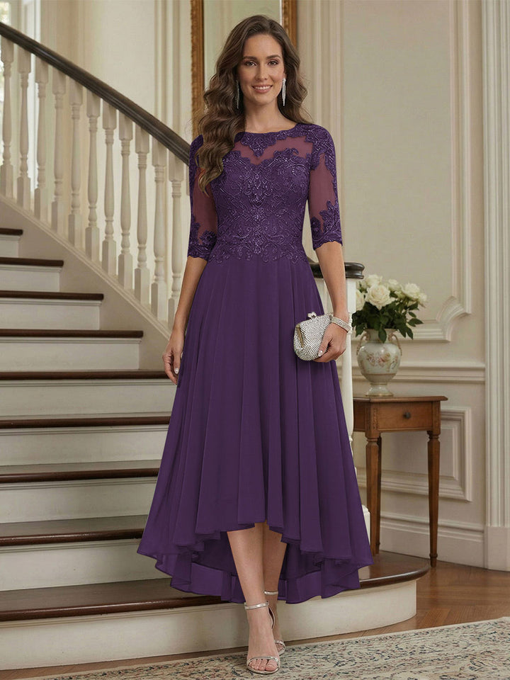 A-Line/Princess Half Sleeves Scoop Asymmetrical Mother of the Bride Dresses with Ruched &amp; Applique
