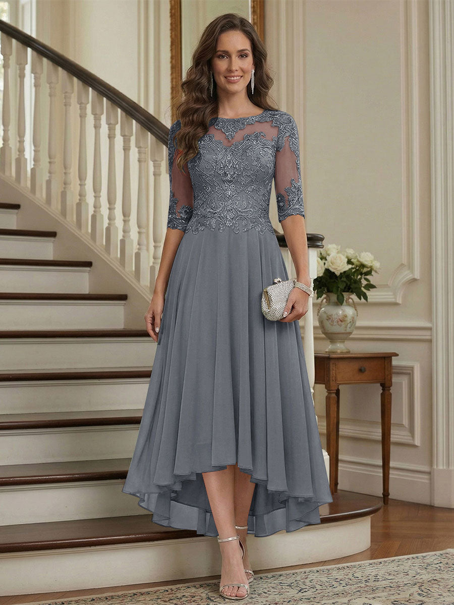 A-Line/Princess Half Sleeves Scoop Asymmetrical Mother of the Bride Dresses with Ruched &amp; Applique