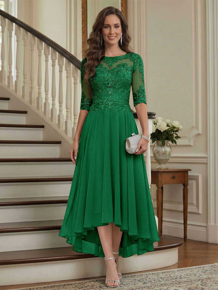 A-Line/Princess Half Sleeves Scoop Asymmetrical Mother of the Bride Dresses with Ruched &amp; Applique