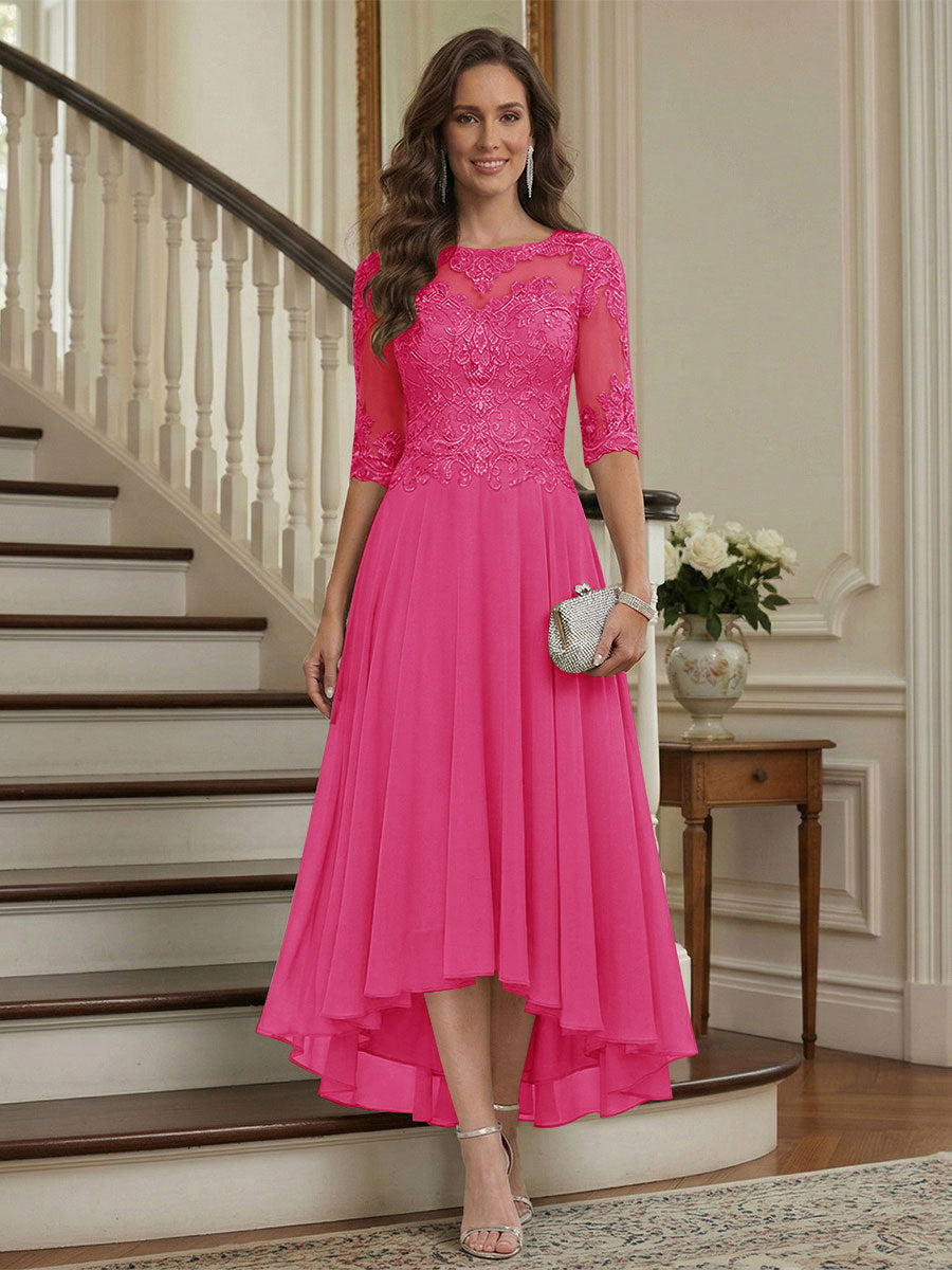 A-Line/Princess Half Sleeves Scoop Asymmetrical Mother of the Bride Dresses with Ruched &amp; Applique