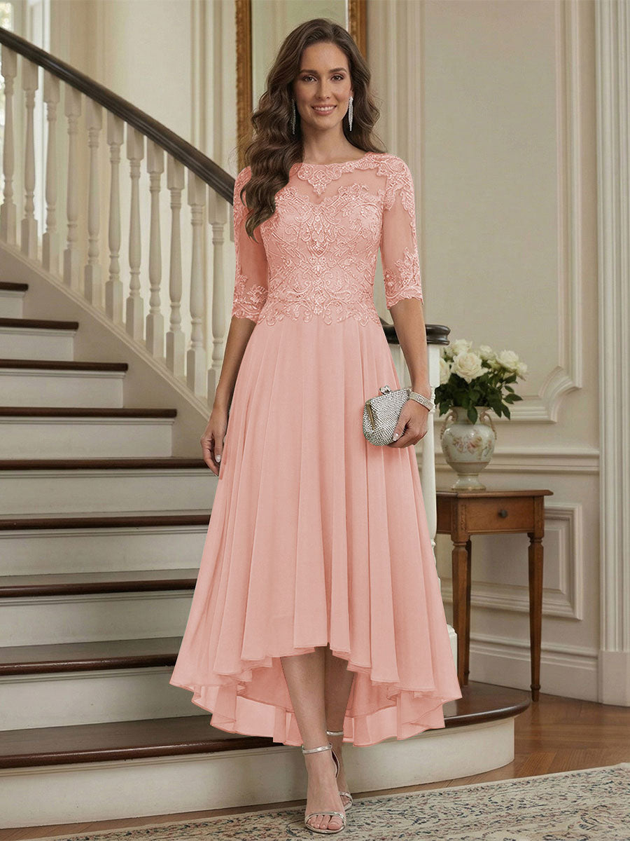 A-Line/Princess Half Sleeves Scoop Asymmetrical Mother of the Bride Dresses with Ruched &amp; Applique