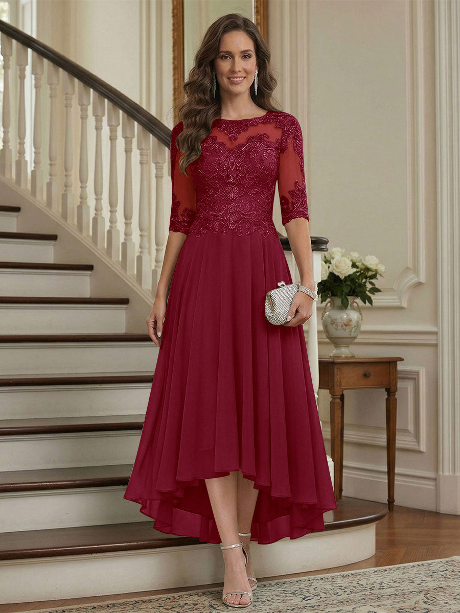 A-Line/Princess Half Sleeves Scoop Asymmetrical Mother of the Bride Dresses with Ruched &amp; Applique