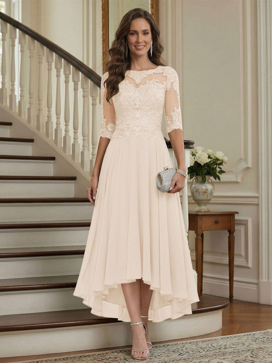 A-Line/Princess Half Sleeves Scoop Asymmetrical Mother of the Bride Dresses with Ruched &amp; Applique