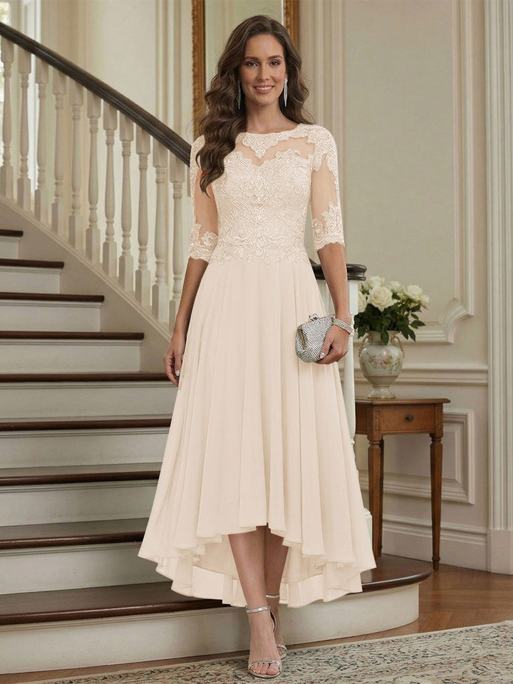 A-Line/Princess Half Sleeves Scoop Asymmetrical Mother of the Bride Dresses with Ruched &amp; Applique