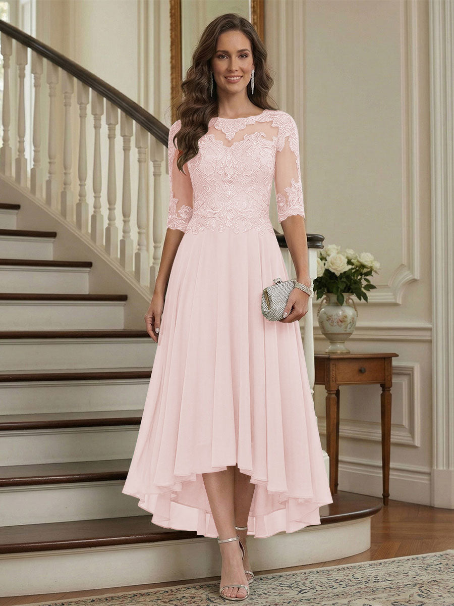 A-Line/Princess Half Sleeves Scoop Asymmetrical Mother of the Bride Dresses with Ruched &amp; Applique