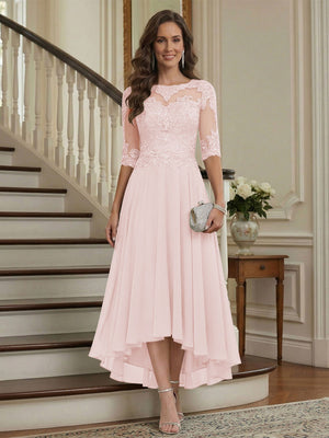 A-Line/Princess Half Sleeves Scoop Asymmetrical Mother of the Bride Dresses with Ruched & Applique