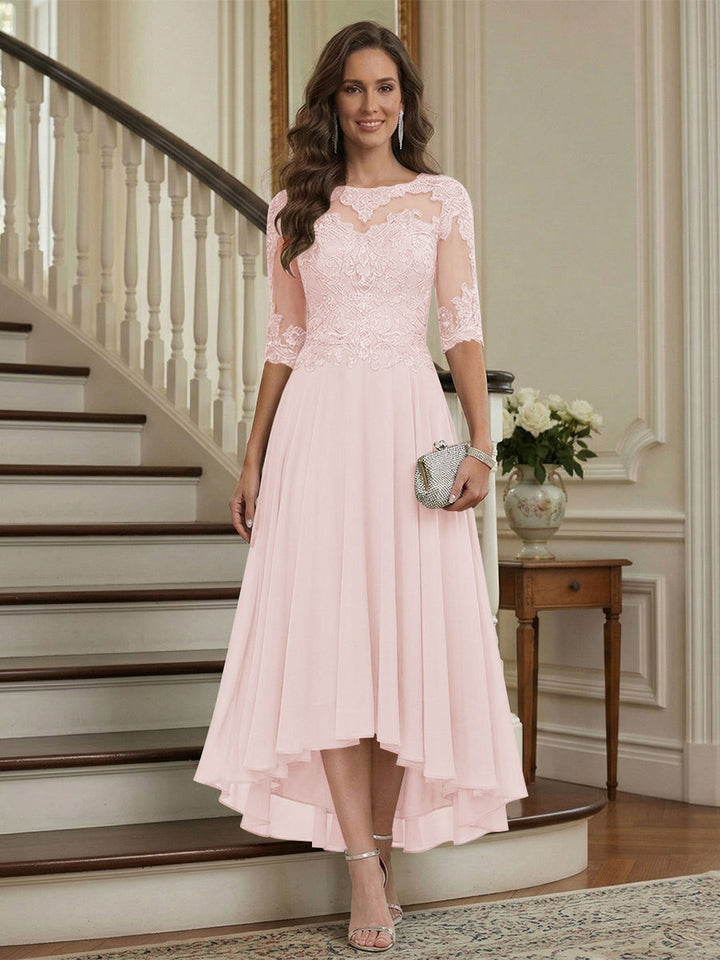 A-Line/Princess Half Sleeves Scoop Asymmetrical Mother of the Bride Dresses with Ruched &amp; Applique